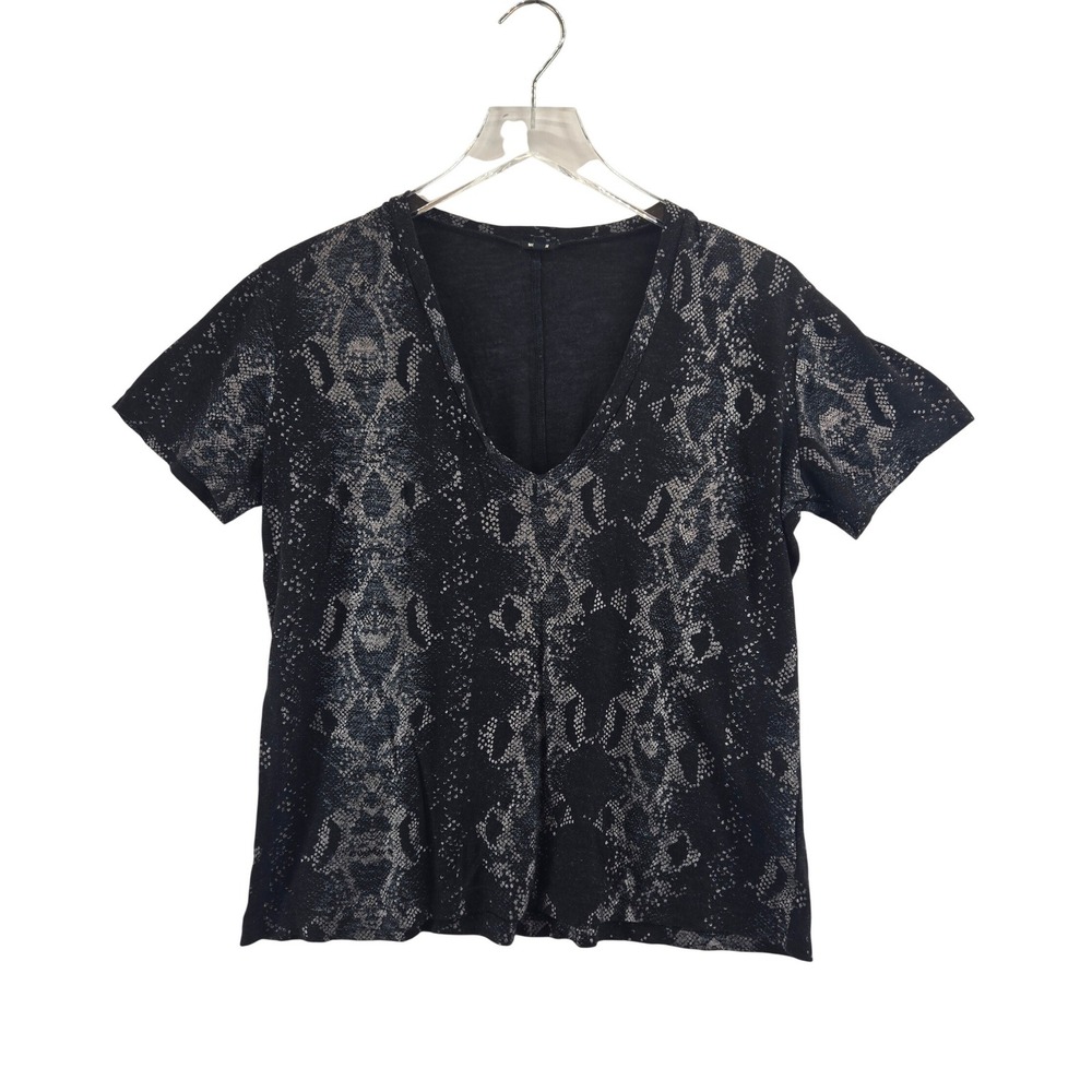 Monrow Womens Black Bronze Snakeskin Print V-Neck Short Sleeve Tee Rock M